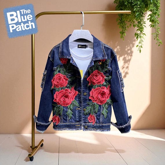Red Rose Embroidered Denim Jacket | Vintage Jean Patchwork Jacket | Spring  Bridal Gift | Casual Wide-waist Jacket for Her - Etsy Hong Kong
