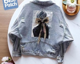 Cropped Fringe Denim Jacket | Bridal Jean Jacket | Cowgirl Spring Jacket | Pearl Sequin Patchwork | Gift for Her | Fashion Overcoat