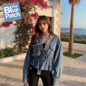 Gabardina vaquera vintage para mujer / Chaqueta vaquera larga / Prenda exterior informal para primavera y otoño / Top con cuello en V empalmado / Regalo para ella