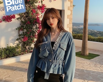 Vintage Trench Denim Coat for Women | Long Jean Jacket | Casual Spring Fall Outerwear | V-Neck Spliced Top | Gift for Her
