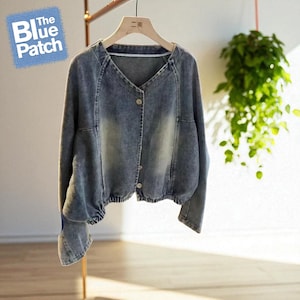 Upcycled Vintage Denim Jacket for Women, Retro Jean Jacket with V-Neck, Full Sleeve Mrs Coat, Fall Winter Casual Streetwear