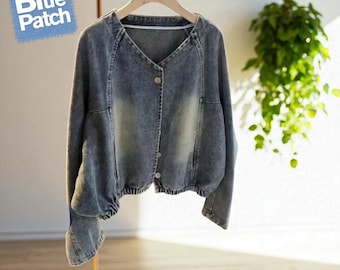 Upcycled Vintage Denim Jacket for Women, Retro Jean Jacket with V-Neck, Full Sleeve Mrs Coat, Fall Winter Casual Streetwear