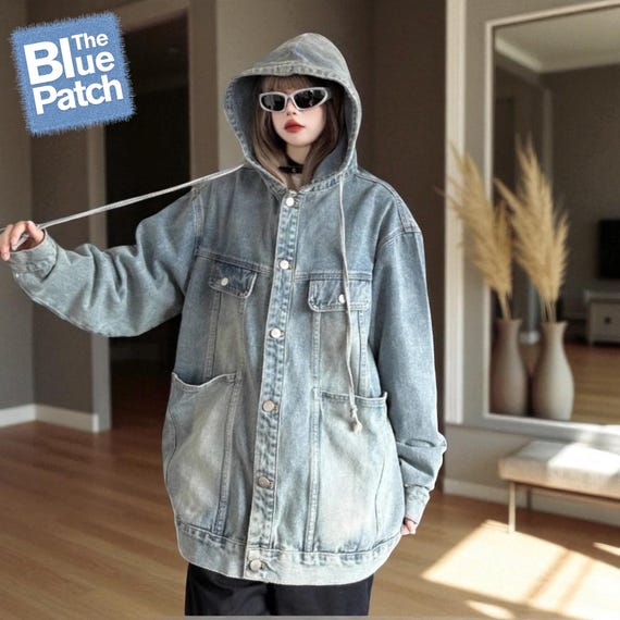 Oversized Hooded Denim Jacket for Women, Vintage Jean Jacket With