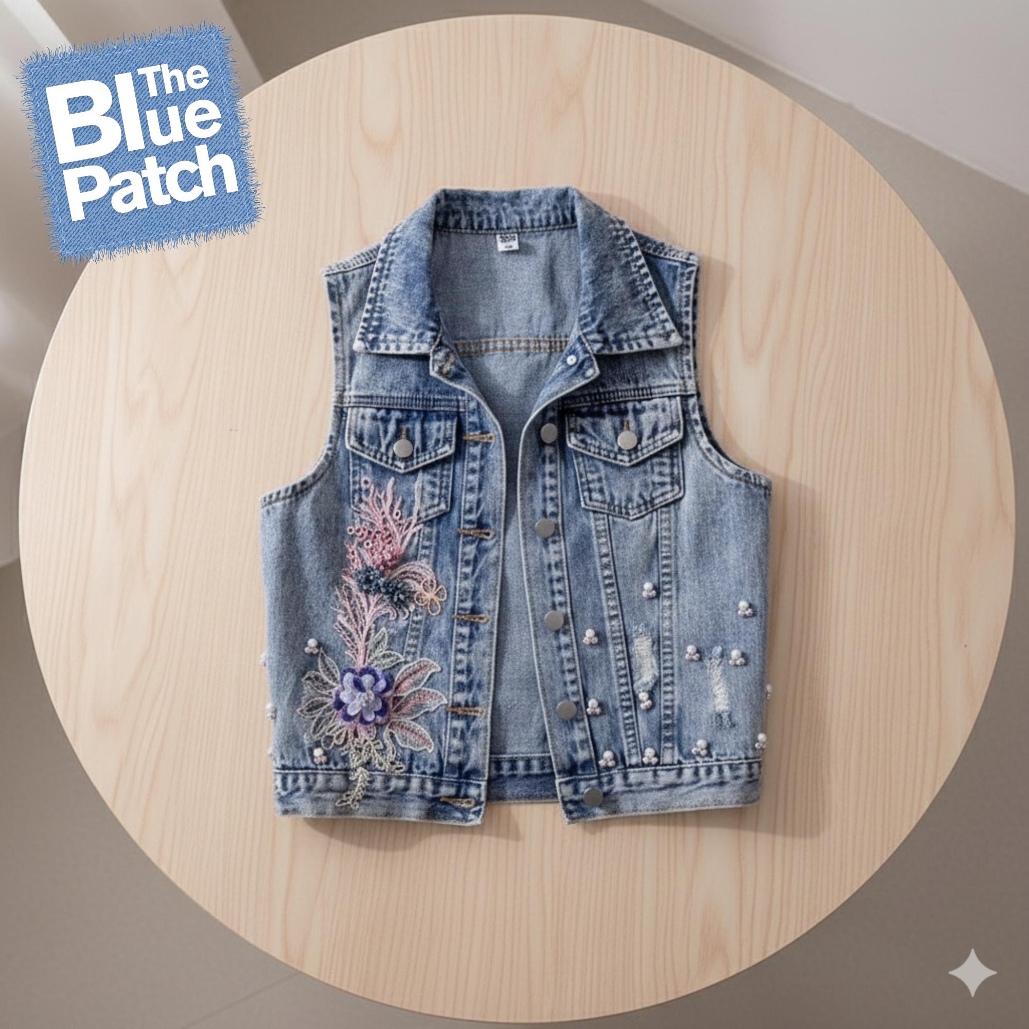 Floral Patch Denim Vest for Women Beaded Sleeveless Slim Jean Waistcoat Vintage Short Denim Jacket Top, Christmas Gift For Her