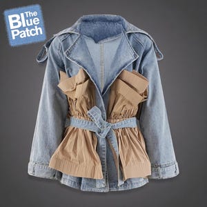 Embroidered Patchwork Denim Jacket for Women – Vintage Style Jean Jacket with Belt, Lace-Up Detail, Personalized Gift