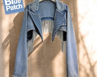 Rhinestone Beaded Tassel Denim Jacket Women | Crystal Fringe Jean Jacket | Cropped Vintage Streetwear Vest | Festival Outfit, Christmas Gift