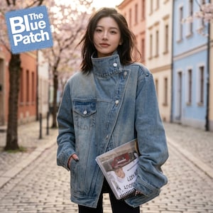 May include: A light blue denim jacket with a high collar, asymmetrical button closure, and a single chest pocket. The jacket features a faded wash and long sleeves. A blue square patch with the white text The Blue Patch is in the corner.