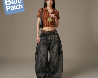 Black Y2K Baggy Denim Jeans Women – Vintage Loose Cargo Pants, Distressed Wide Leg Low Waist Streetwear Denim jean
