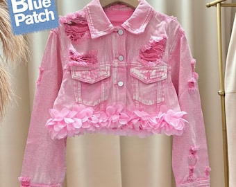 Women’s Cropped Denim Jacket with Distressed Holes – Vintage Jean Coat, Streetwear Cropped Jacket for All Seasons, Halloween Cropped Denim