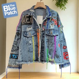 Graffiti Print Patchwork Denim Jacket | Custom Jean Jacket with Rivets & Holes | Bride Streetwear Gift | Vintage Short Jacket