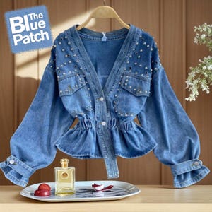 Vintage Trench Denim Coat for Women | Long Jean Jacket | Casual Spring Fall Outerwear | V-Neck Spliced Top | Gift for Her