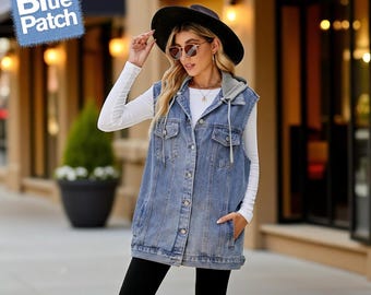Sleeveless Denim Jacket Vest | Vintage Jean Jacket | Casual Crochet-Inspired Spliced Pattern | Spring Gift for Her | Women’s Outerwear