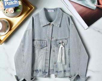 Oversized Denim Jacket z rękawami typu nietoperz, Vintage Patchwork Jean Jacket, Asymetryczny Jesienny Prezent Mody dla Niej