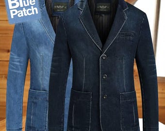 May include: Two denim blazers in different shades of blue. The blazer on the left is a lighter blue, while the one on the right is a darker indigo. Both have a classic three-button design, notched lapels, and front pockets. The text "The Blue Patch" is in the upper left corner.
