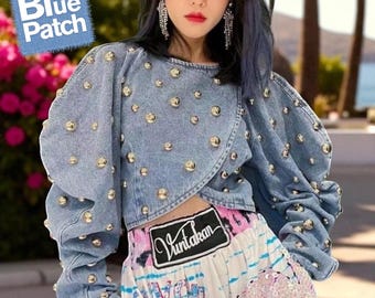 Women’s Rivet Denim Jacket – Lantern Sleeve Jean Coat with Pearls & Sequins, Vintage Streetwear Bomber Cardigan, Festival Outfit