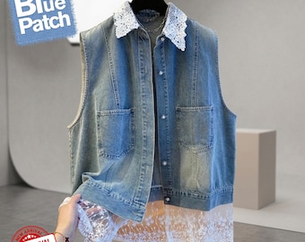 Long Denim Vest Women – Vintage Sleeveless Jean Jacket with Lace Detail, Summer Cardigan Style Waistcoat Streetwear Gift for Her