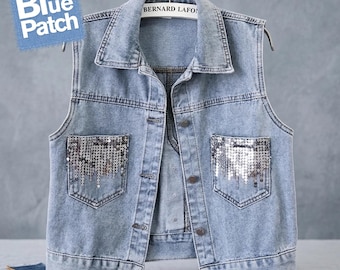 Cropped Denim Vest Women – Sequin Pocket Sleeveless Jean Jacket, Casual Summer Waistcoat