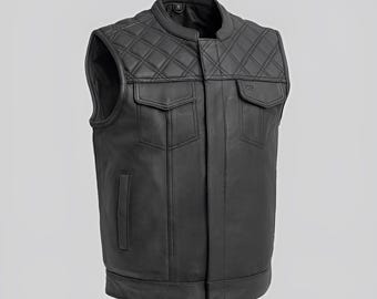 Men&#39;s Handmade Black Leather Vest, Black Leather Vest, Leather Vest, Motorcycle Diamond Quilted Real Leather Vests ,  American Leather Vest