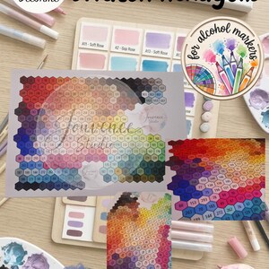 May include: A collection of DécoTime colour swatch hexagons for alcohol markers, featuring a grid of 300 numbered hexagonal colour samples arranged by hue, including various shades of red, orange, yellow, green, blue, purple, and grey.