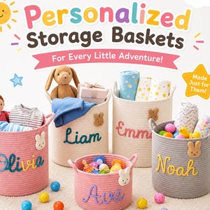 May include: Five cylindrical rope storage baskets in pink, cream, and gray, each featuring a name embroidered in cursive script and a small plush bunny face appliqué. The baskets are filled with various toys, blankets, and baby items.