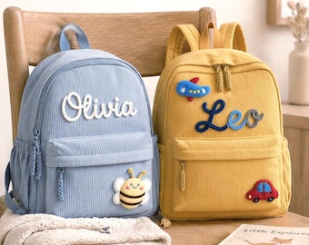 Mochila de pana personalizada para niños, mochila preescolar, mochila escolar infantil con nombre personalizado, regalo de regreso a clases para niños y niñas.
