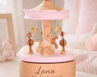 Personalized Wooden Carousel Music Box with Name,Birthday Gift for Girl,Engraved Newborn Keepsake,Nursery Decor,Christmas Gift