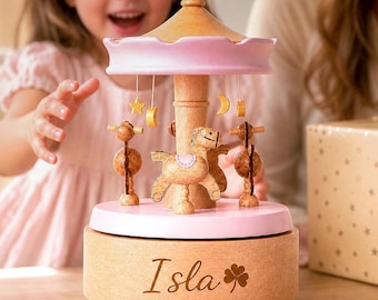 Personalized Wooden Carousel Music Box with Name,Birthday Gift for Girl,Engraved Newborn Keepsake,Nursery Decor,Christmas Gift