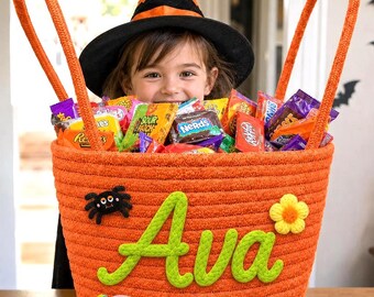 Personalized Halloween Basket for Kids,Kids Candy Basket,Personalized Cotton Trick or Treat Bag,Halloween Bag,Custom Name Halloween Basket