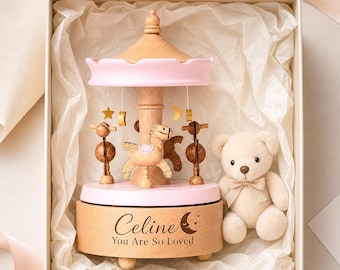 Personalized Carousel Music Box, Custom Name Wooden Music Box, Pink Gift for Girls,Baby Shower Keepsake