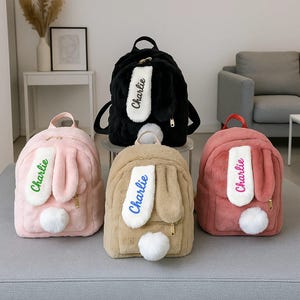 Sac à dos lapin avec nom personnalisé pour filles – Sac en peluche personnalisé avec oreilles brodées | Joli cadeau pour l'école, un anniversaire ou un voyage