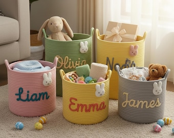 Cesta de almacenamiento personalizada para niños, cesta de juguetes con nombre personalizado, organizador de cuerda tejida, regalo de Pascua para niños, regalo de cumpleaños y baby shower.