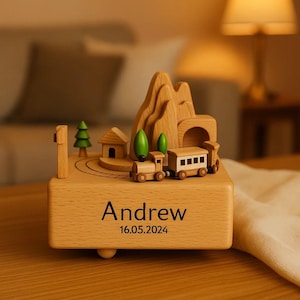 Caja de música de madera personalizada, caja de música de madera hecha a mano personalizada, caja de música con nombre grabado, regalo de baby shower, decoración de guardería, caja de música de tren