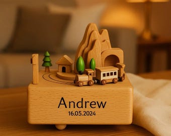 Personalised Wooden Music Box, Custom Wooden Handmade Music Box,Engraved Name Music Box, Baby Shower Gift,Nursery Decor, Train Music Box