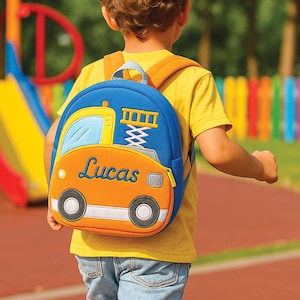 Personalized Construction Truck Toddler Backpack – Custom Name Plush Bag for Kids, Preschool, Daycare, Toddler Back to School Birthday Gift