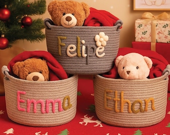 Personalized Baby Name Basket – Knit Toy Storage Bin, Cotton Rope Nursery Basket, Baby Shower Gift, Christmas Gift Basket, Handmade Keepsake