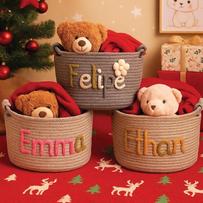 May include: Three woven rope baskets with personalized names: "Felipe", "Emma", and "Ethan". Each basket contains a teddy bear and a red blanket. The baskets are on a red patterned surface, with a Christmas tree and gifts in the background.