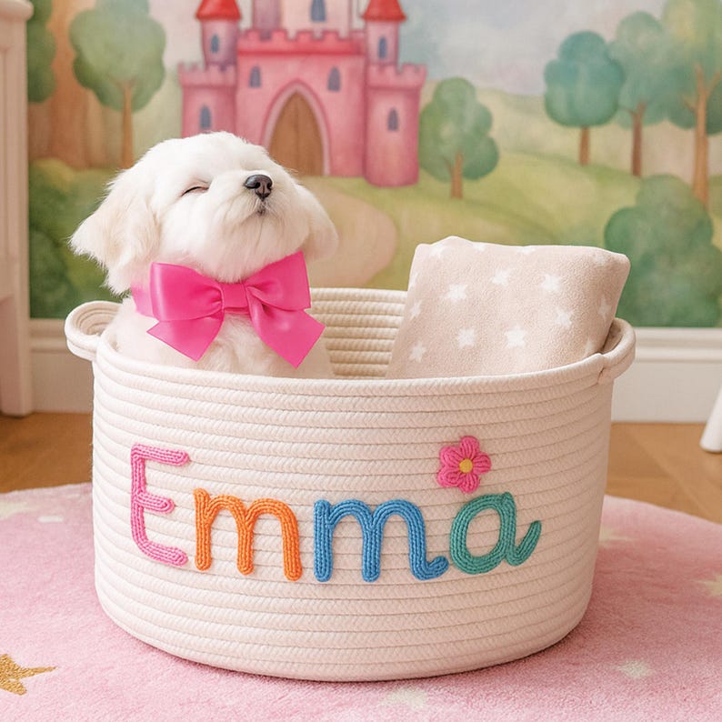 May include: A white rope basket with the name "Emma" embroidered in colorful letters, a pink flower, and a small dog with a pink bow. A small pillow with white stars is inside the basket. The background features a pink castle and a mural.