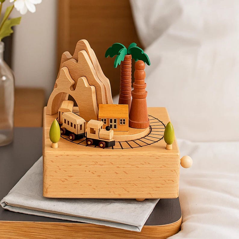 May include: A wooden music box with a miniature landscape scene. It features a train, mountains, a house, and palm trees. The box is made of light-coloured wood and has a small crank. The train travels on a circular track.