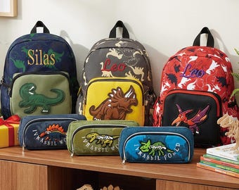 Mochila y estuche de dinosaurio personalizados: nombre personalizado, diseño divertido, correas ajustables, ligero, regalo escolar para niños.