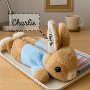 Trousse personnalisée en forme de lapin, pochette en peluche personnalisée pour enfants, cadeau de rentrée scolaire, joli sac de papeterie en forme de lapin, idée de panier de Pâques