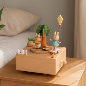 May include: A light brown wooden music box with a charming scene. Two bunny figurines, a tree, and carrots are featured. One bunny holds a carrot, the other stands on a skateboard. A yellow kite hangs above. The box has a small white fence.