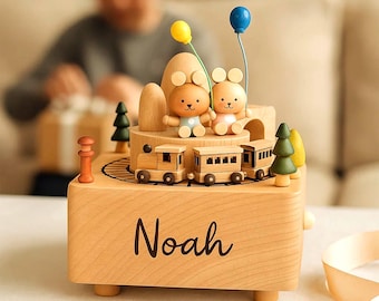 Caja de música de madera personalizada con forma de tren de oso, caja de música de madera hecha a mano, caja de música con nombre grabado, ideal para baby shower o habitación infantil, regalo de Navidad