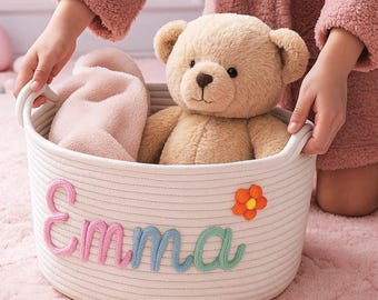Personalized Baby Basket – Custom Name Knit Cotton Rope Nursery Storage, Baby Shower Gift, Toy Organizer, Handmade Keepsake Basket