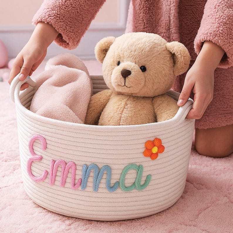 May include: A beige rope basket with the name "Emma" in pink, blue, and green letters, and a small orange flower. The basket contains a tan teddy bear and a pink blanket. The basket has two white handles.