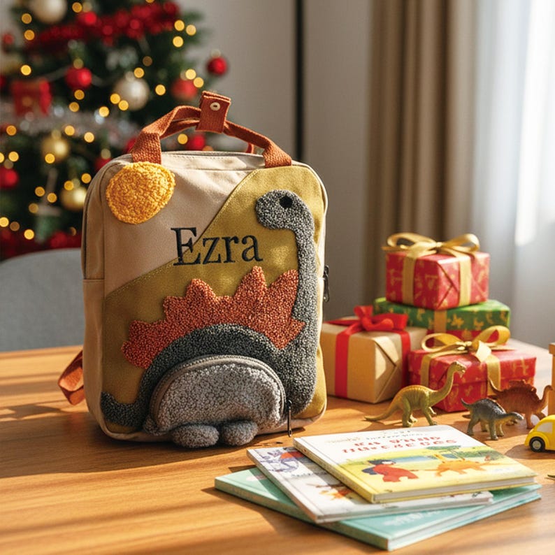 May include: A beige canvas backpack featuring a textured, dark gray and orange dinosaur appliqu&eacute; with a yellow sun. The name Ezra is embroidered in black script on the front. The bag has two brown top handles and a zippered front pocket.