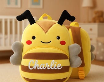 Mochila infantil personalizada con diseño de abeja: bolso de peluche con nombre personalizado para niñas de 2 a 8 años, ideal para guardería, preescolar, viajes, cumpleaños o la vuelta al cole.