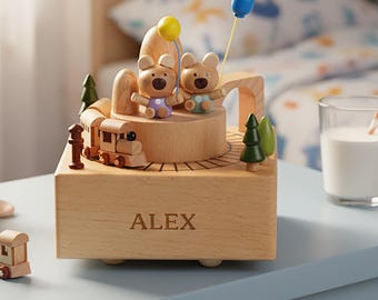Caja de música de madera personalizada, hecha a mano, con nombre grabado, regalo para baby shower, decoración infantil, caja de música de tren.