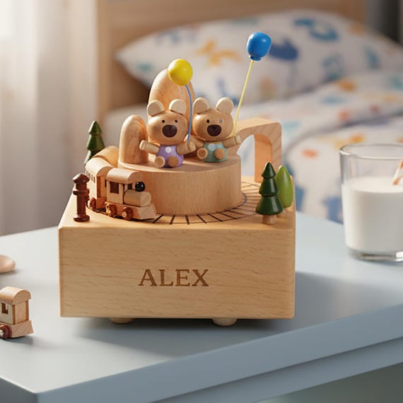 Personalised Wooden Music Box, Custom Wooden Handmade Music Box,Engraved Name Music Box, Baby Shower Gift,Nursery Decor, Train Music Box