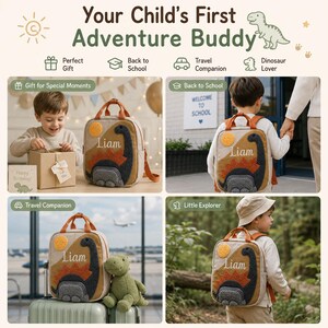 May include: A tan backpack featuring a textured dinosaur appliqu&eacute; and the name Liam embroidered on the front. The bag includes orange top handles, adjustable shoulder straps, and a circular yellow sun detail. It is shown in various settings.
