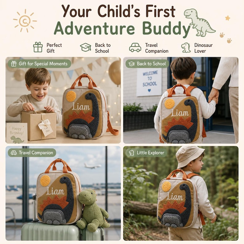 May include: A tan backpack featuring a textured dinosaur appliqu&eacute; and the name Liam embroidered on the front. The bag includes orange top handles, adjustable shoulder straps, and a circular yellow sun detail. It is shown in various settings.